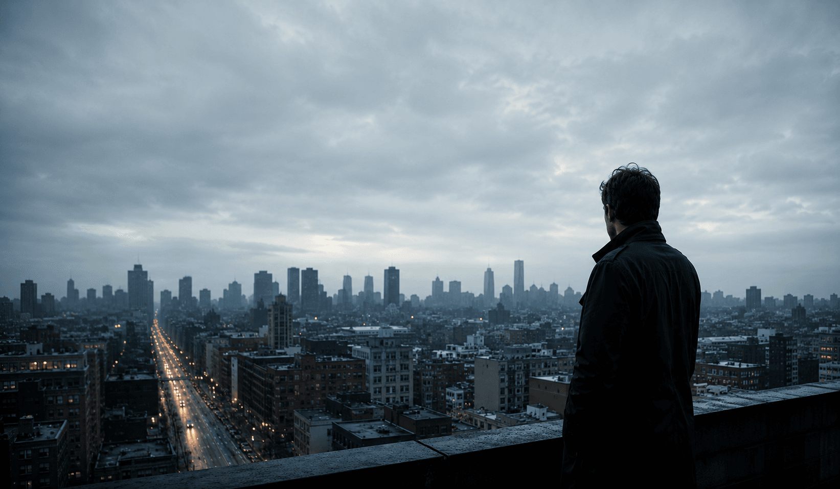 Investigator overlooking a city skyline at dusk